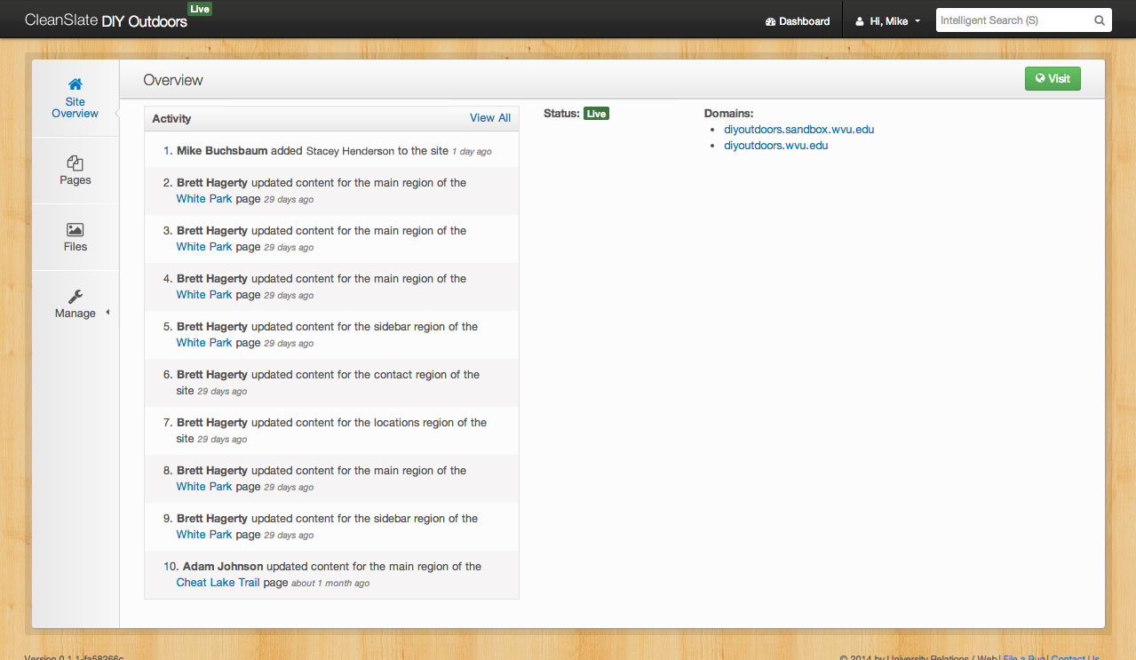 The Site Overview page in CleanSlate